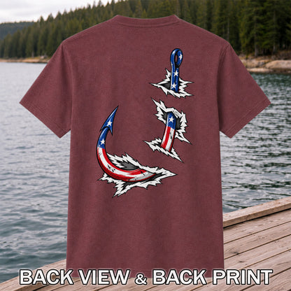 Patriotic American Flag Fishing Hooks Graphic T-Shirt | Back Print