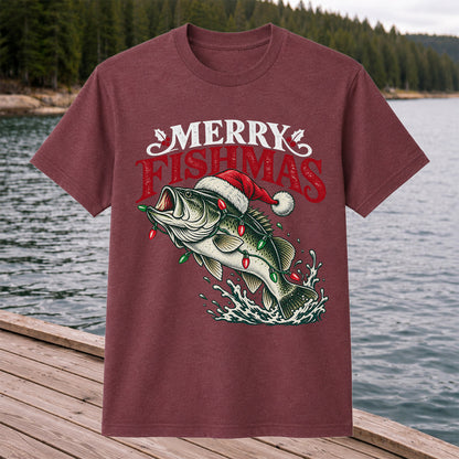 Christmas Bass Fishing Graphic T-Shirt with Santa Hat