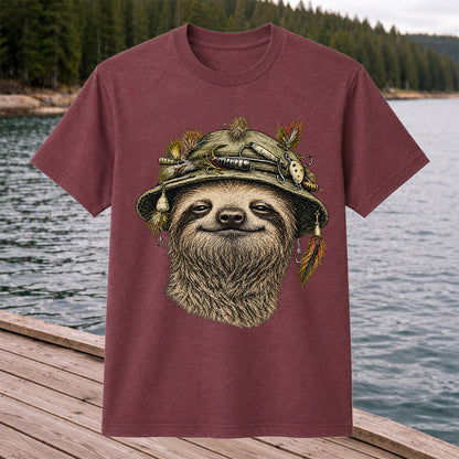 Sloth Wearing a Fishing Lure Hat Hand-Drawn Graphic T-Shirt