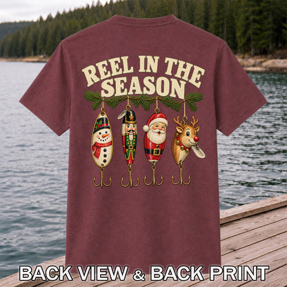 Reel in the Season Christmas Fishing Lures Graphic T-Shirt | Back Print
