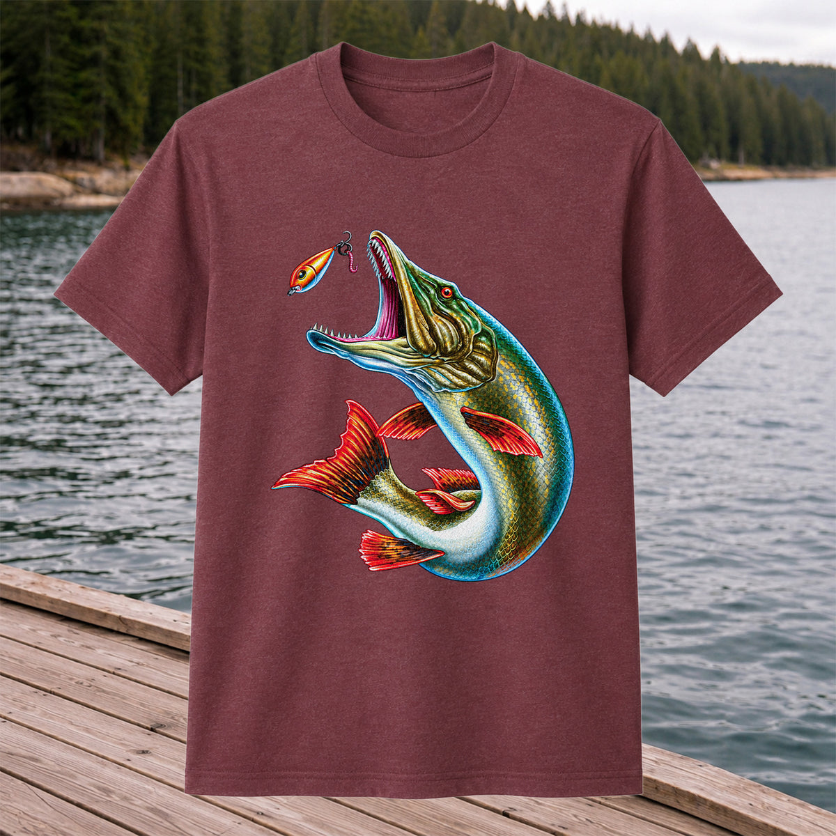 Northern Pike Chasing Fishing Lure Graphic T-Shirt