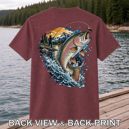 Leaping Rainbow Trout Mountain River Fly Fishing Graphic T-Shirt | Back Print