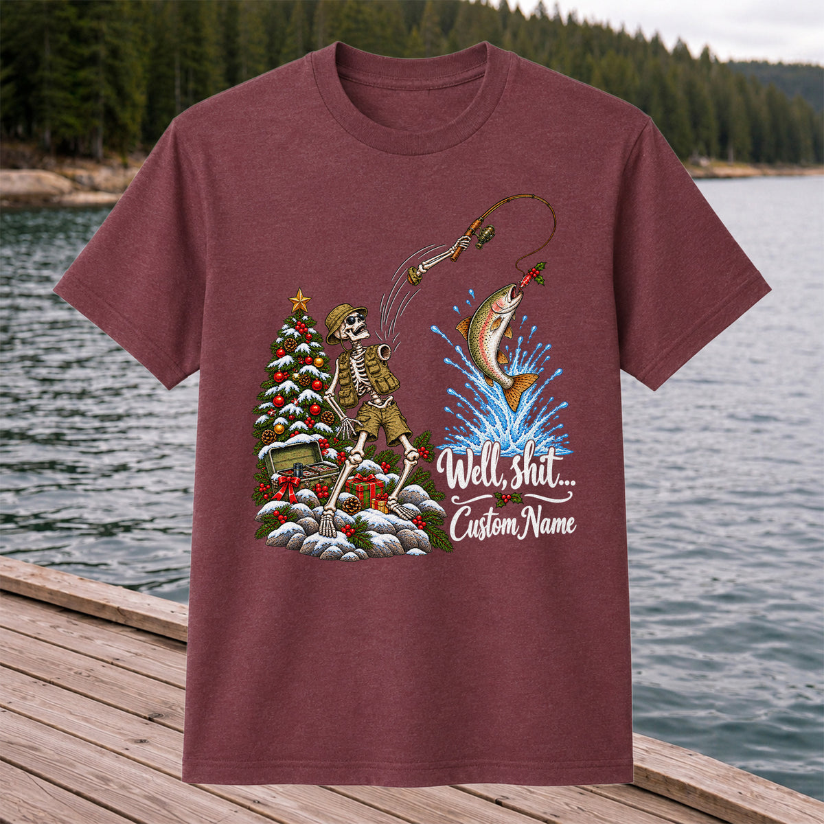 Skeleton Angler Christmas Fishing Personalized Graphic T-Shirt
