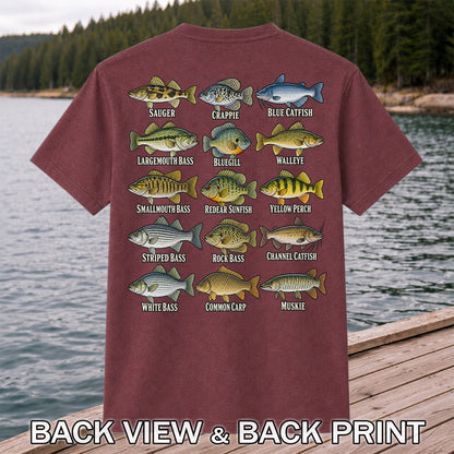 Bass Crappie and Catfish Freshwater Fish Chart Graphic T-Shirt | Back Print