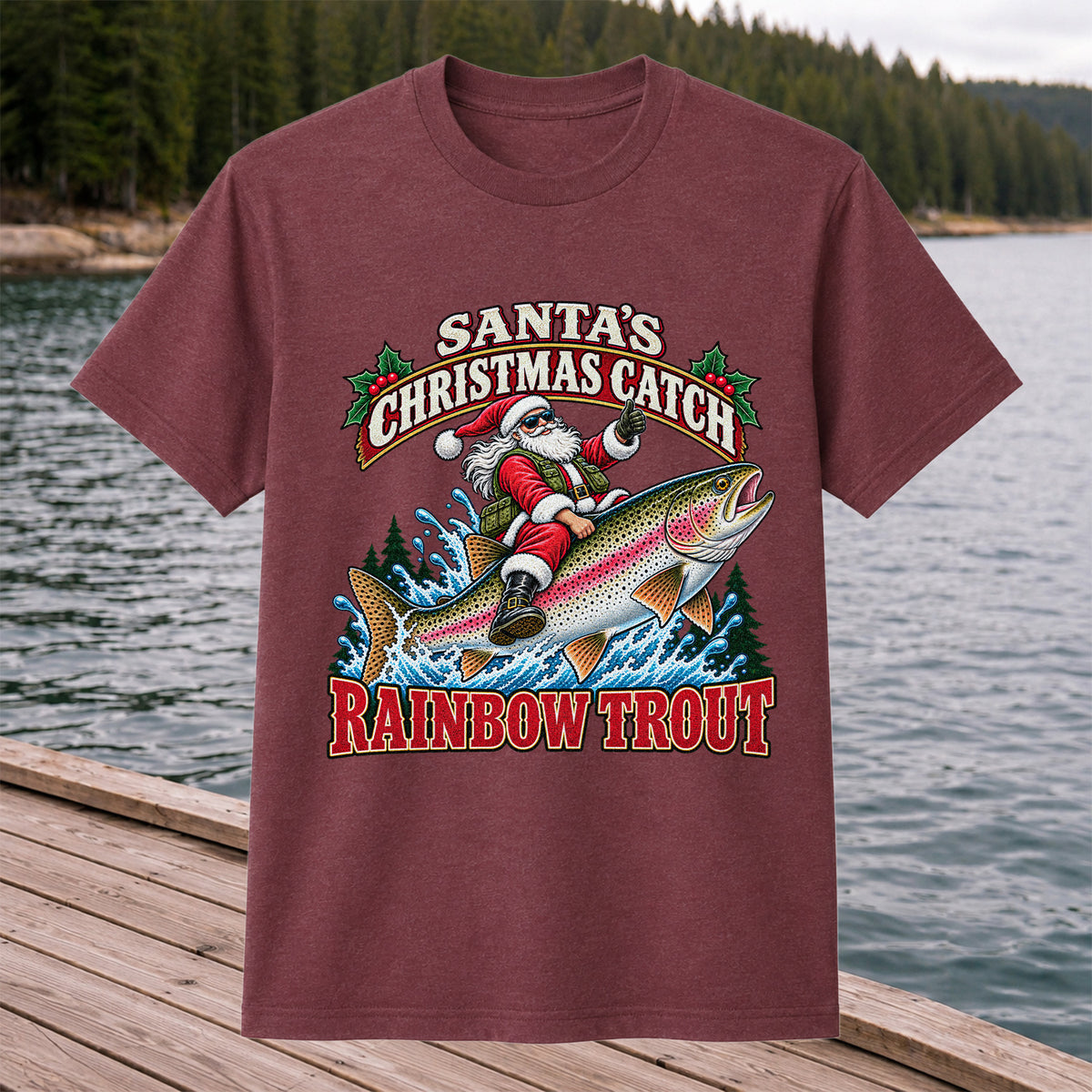 Santa's Christmas Catch Rainbow Trout Fishing T-Shirt