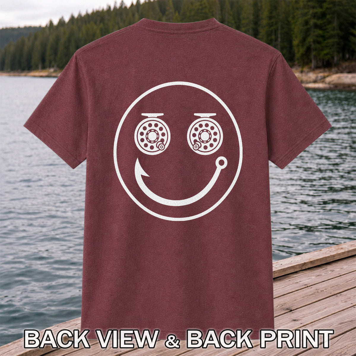 Fishing Reel Eyes Smiley Face Minimalist Graphic T-Shirt | Back Print