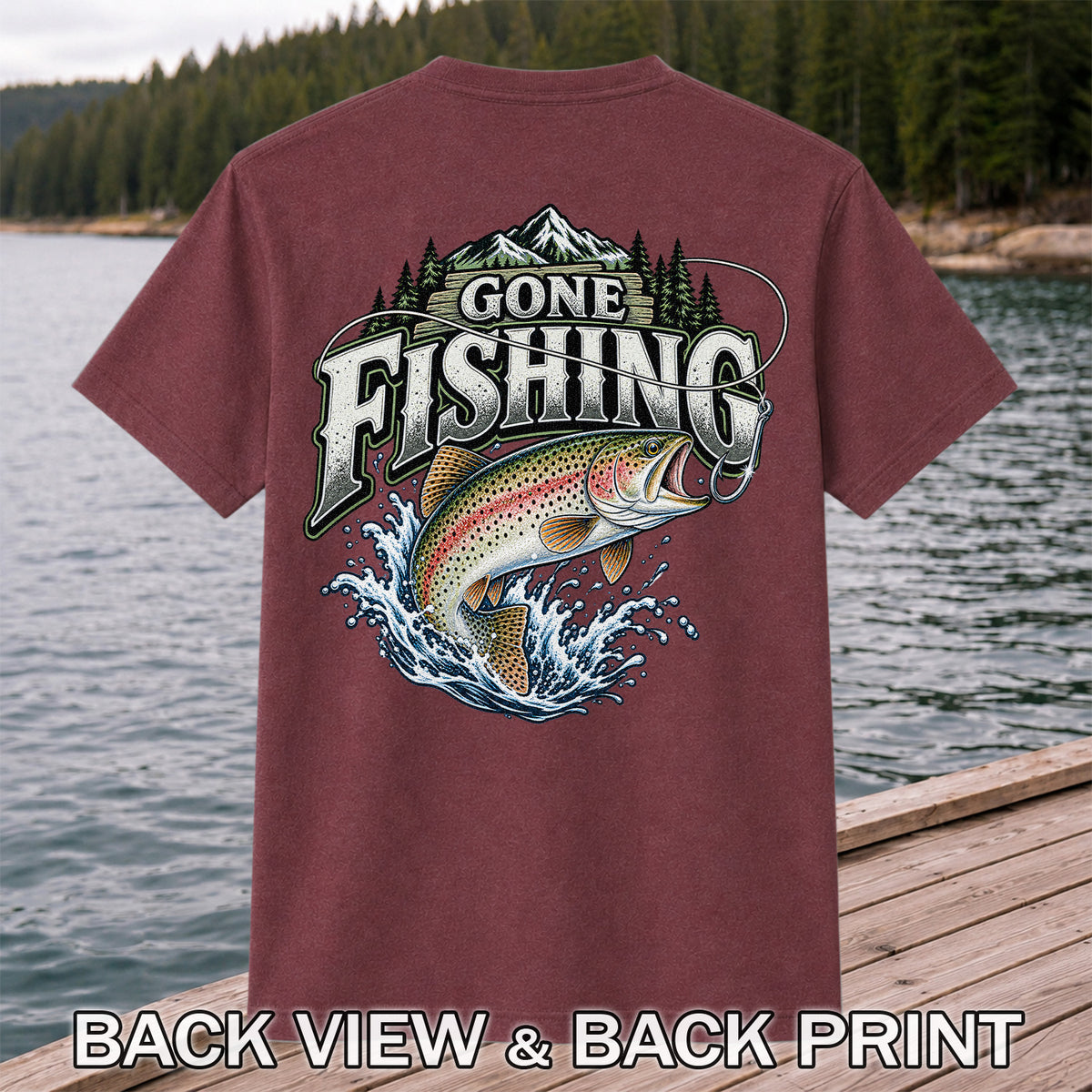 Gone Fishing Rainbow Trout and Mountains Graphic T-Shirt | Back Print