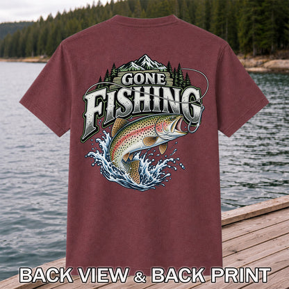 Gone Fishing Rainbow Trout and Mountains Graphic T-Shirt | Back Print