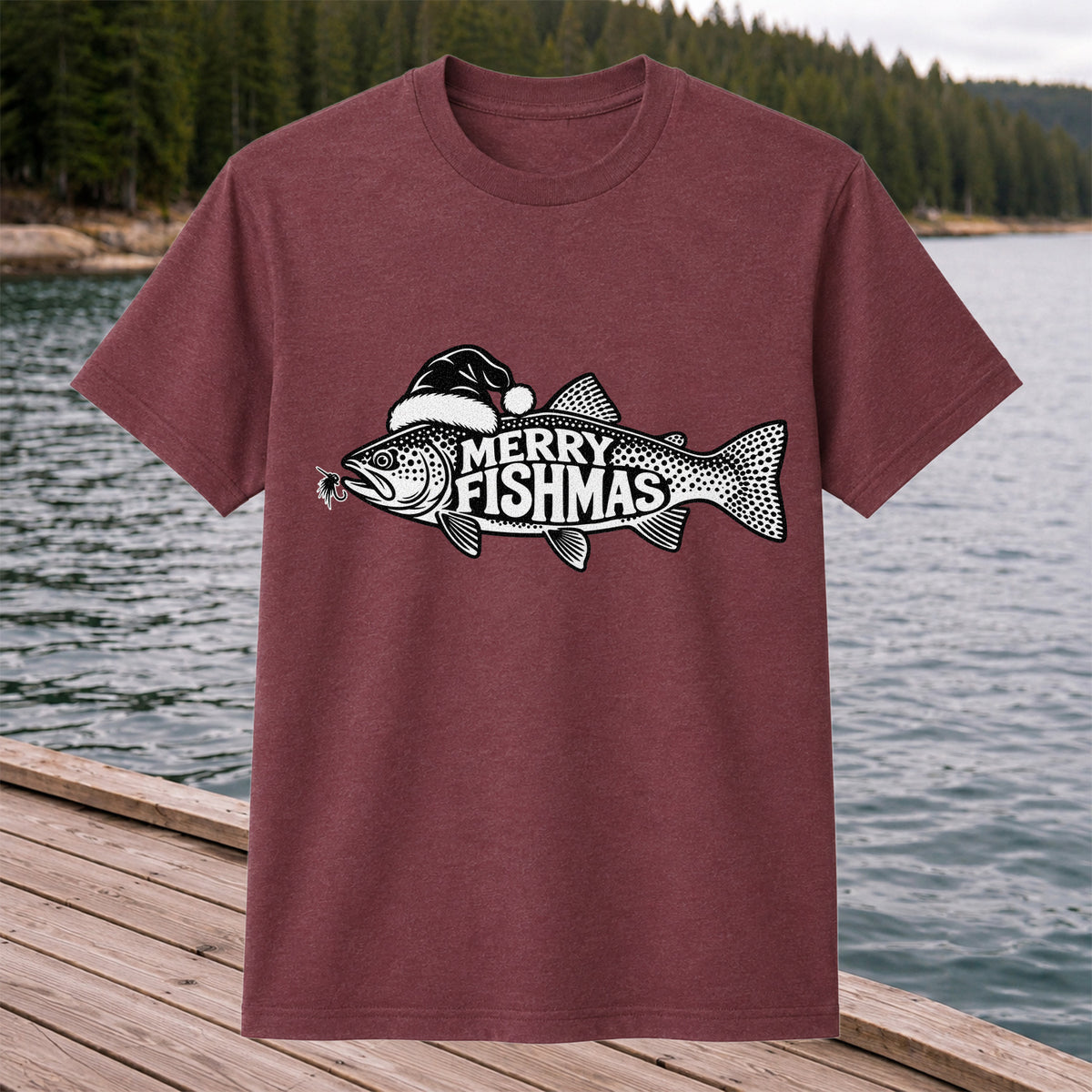 Merry Fishmas Black and White Trout Christmas Fishing T-Shirt