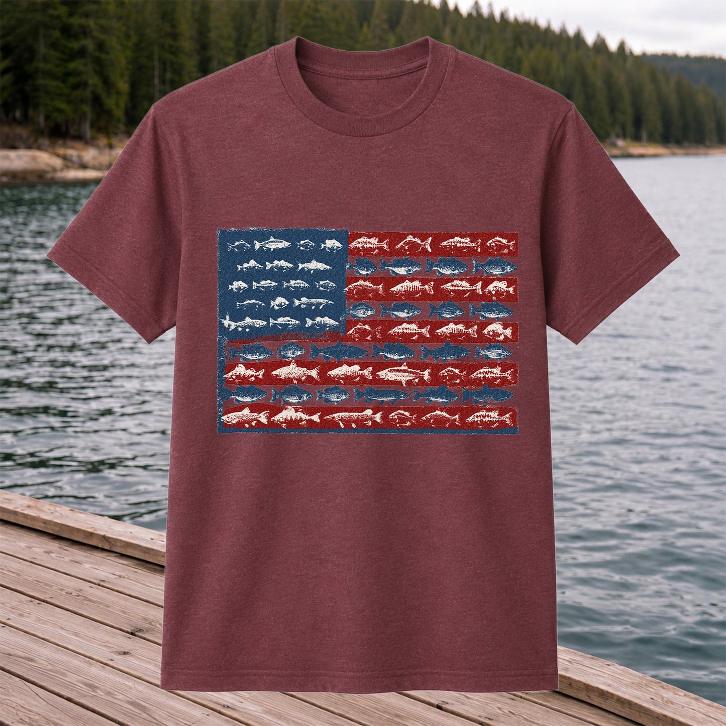 American Flag Made of Fish Patriotic Fishing Graphic T-Shirt