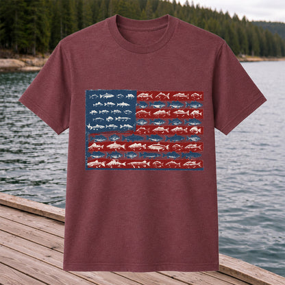 American Flag Made of Fish Patriotic Fishing Graphic T-Shirt