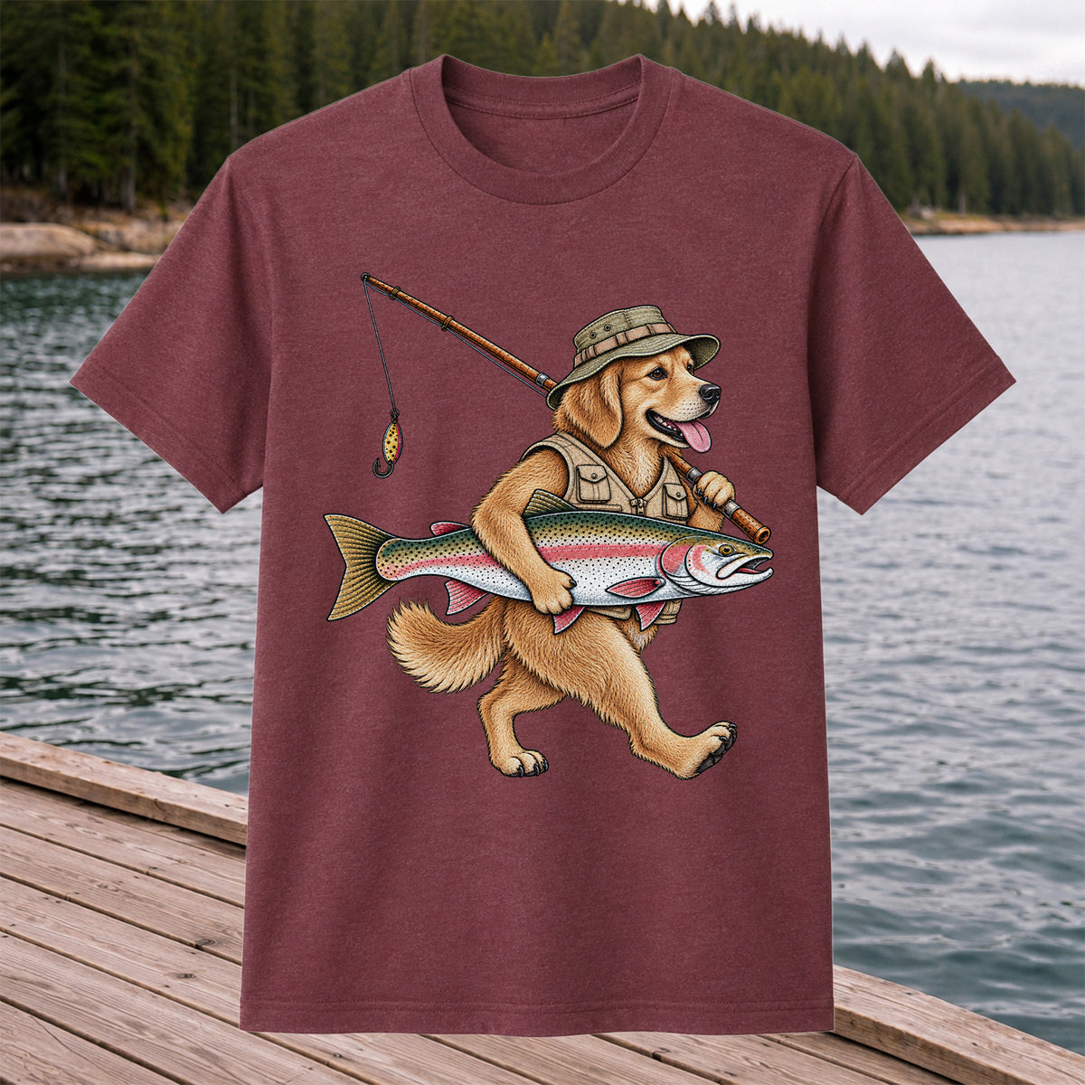Golden Retriever Holding Rainbow Trout Fishing Graphic T-Shirt