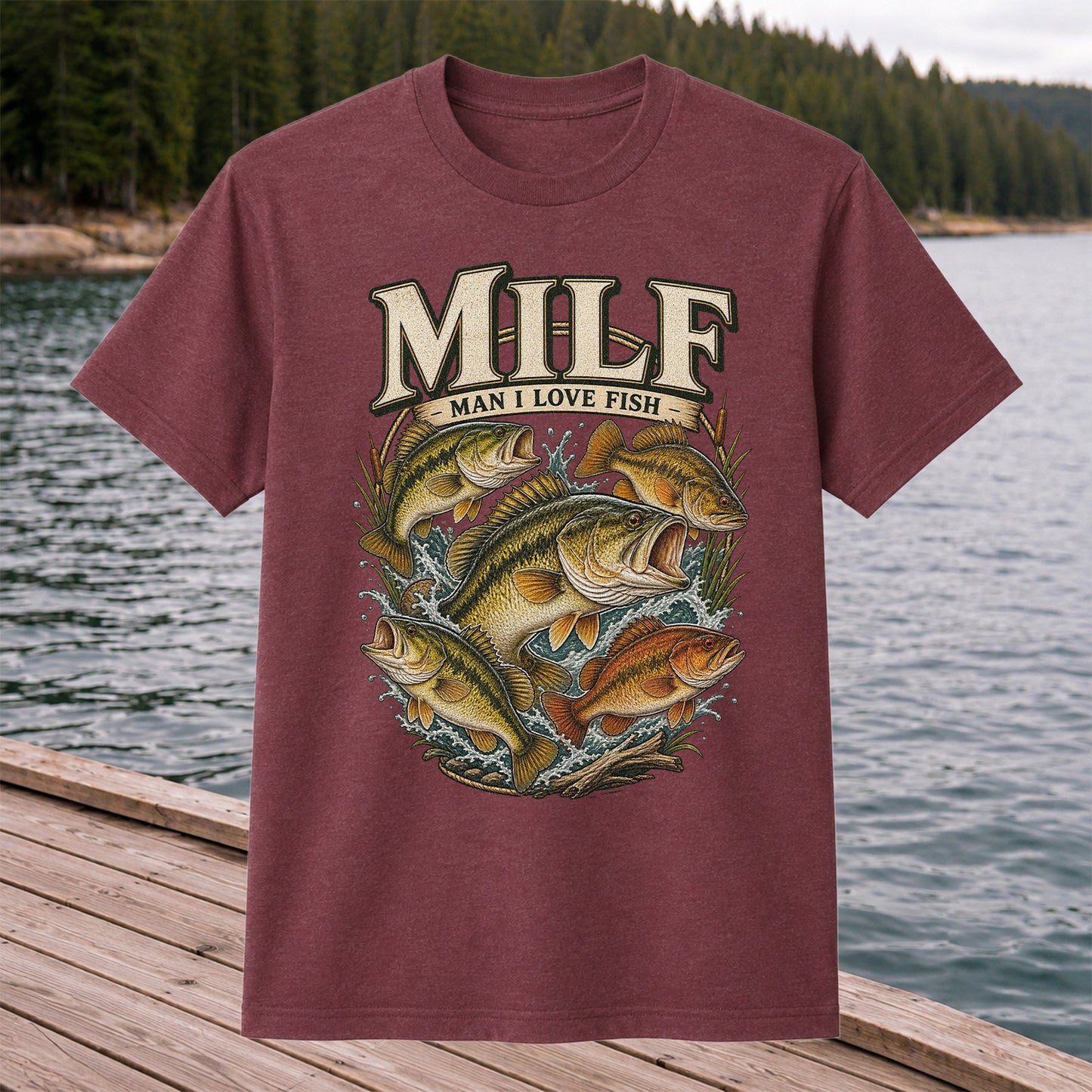 MiLF Man I Love Fish Jumping Bass Fishing Graphic T-Shirt
