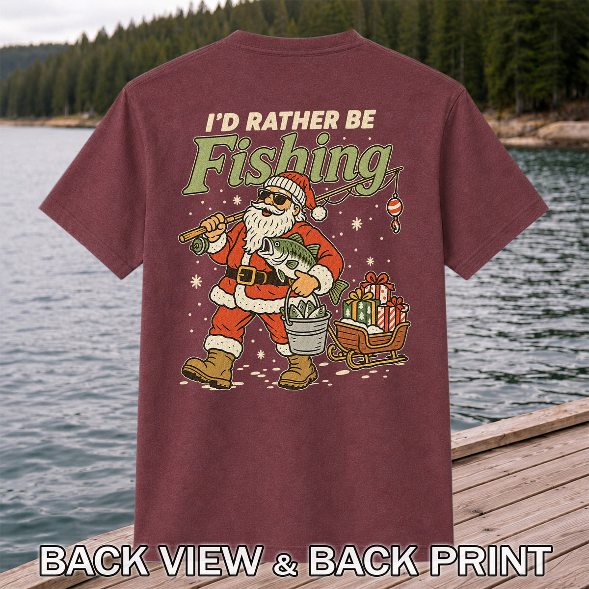 Santa Claus Fishing with Bass Christmas T-Shirt | Back Print