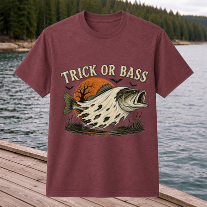Trick or Bass Boo Halloween Fishing T-Shirt, Vintage Trout Angler Tee
