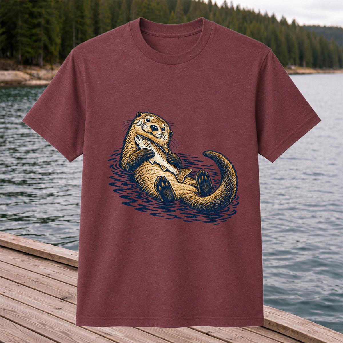 Cute Otter Holding Fish Hand Drawn Fishing Graphic T-Shirt