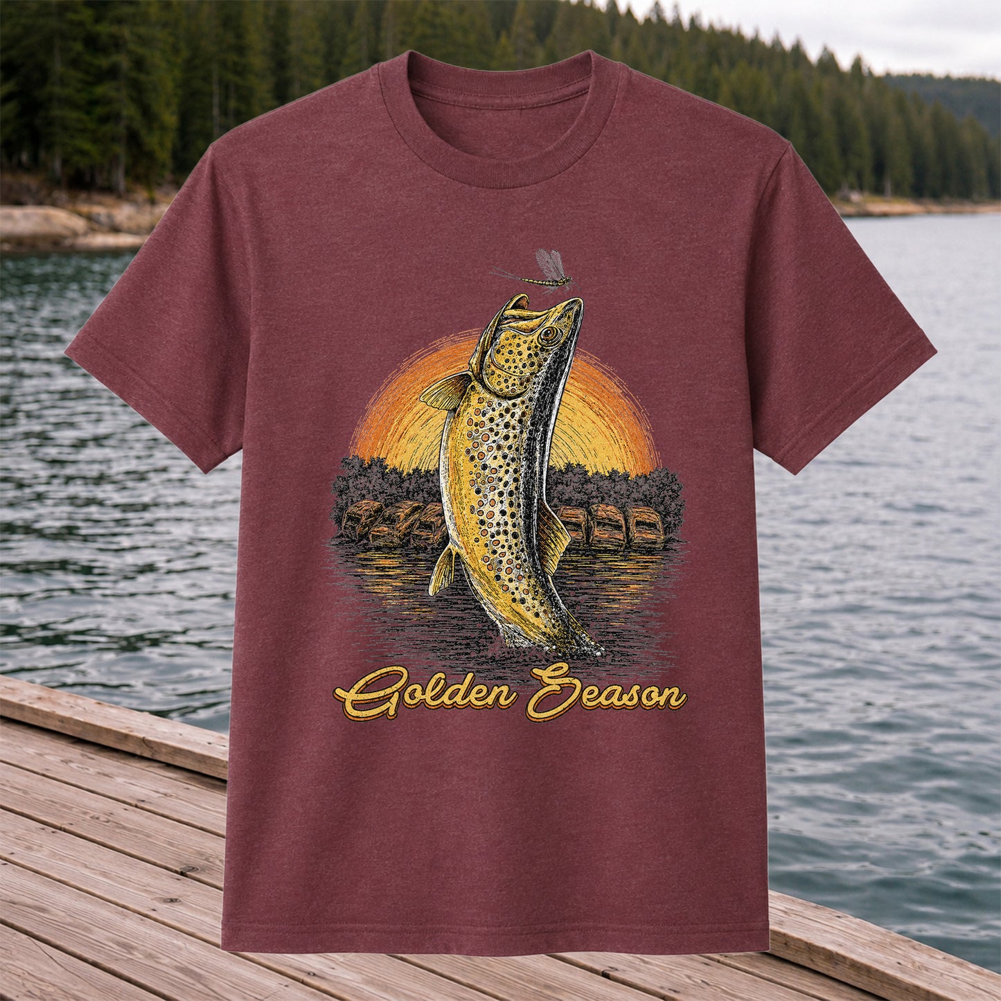 Golden Season Jumping Trout Sunset Fishing Graphic T-Shirt