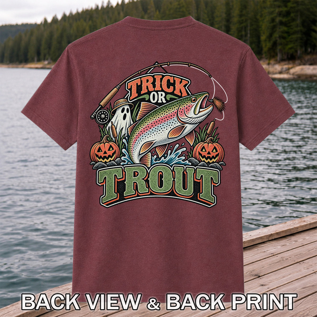 Trick or Trout Rainbow Trout Ghost and Pumpkins Halloween Fishing T-Shirt | Back Print