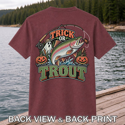 Trick or Trout Rainbow Trout Ghost and Pumpkins Halloween Fishing T-Shirt | Back Print