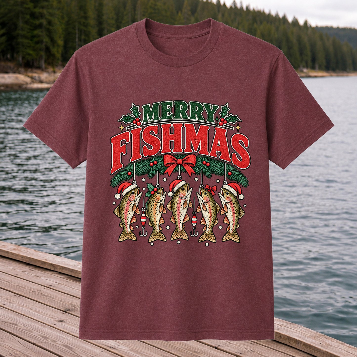 Merry Fishmas Christmas Rainbow Trout Fishing T-Shirt
