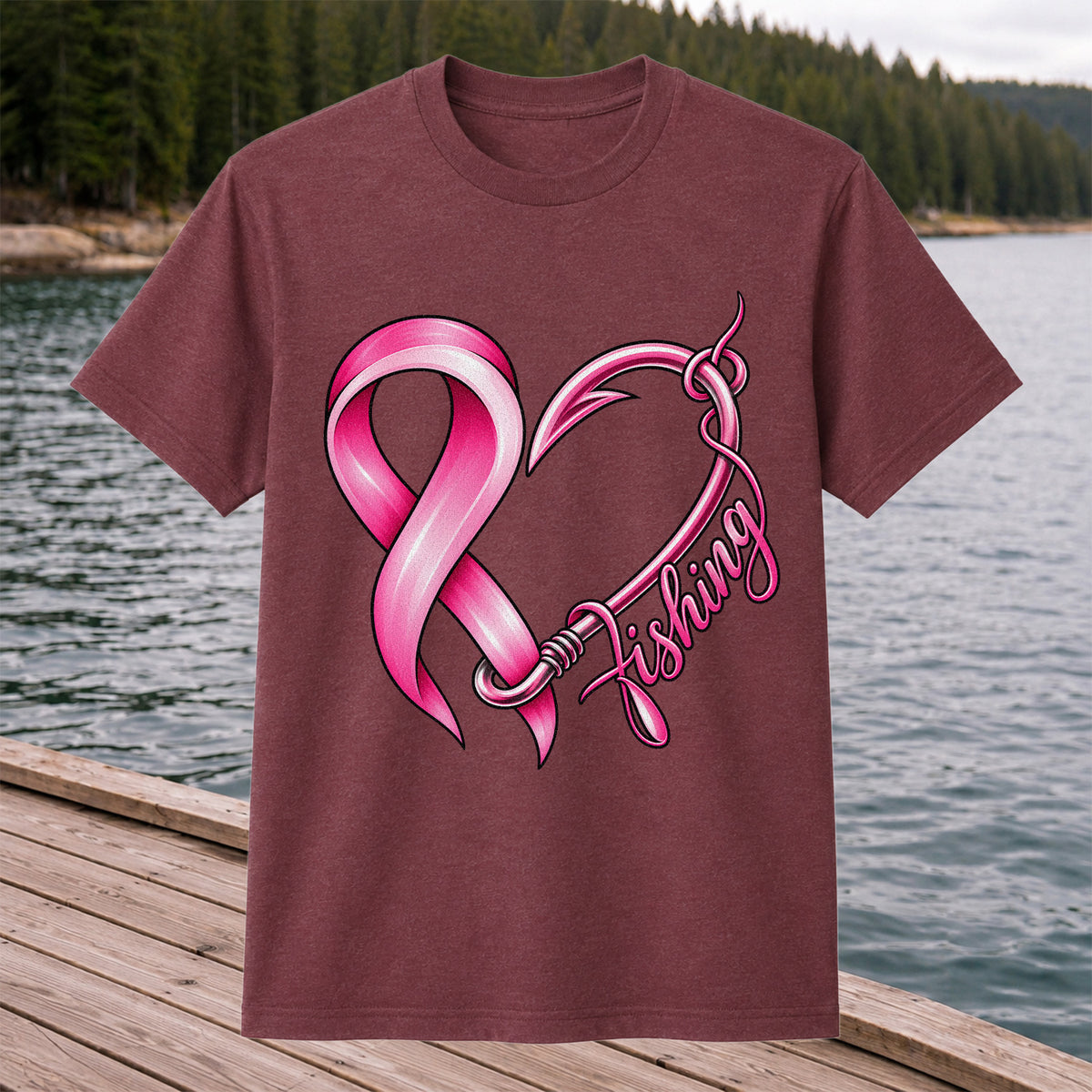Pink Ribbon Heart Fish Hook Fishing Graphic T-Shirt