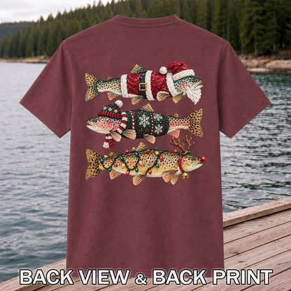 Christmas Trout Fishing Graphic T-Shirt with Festive Fish Artwork | Back Print