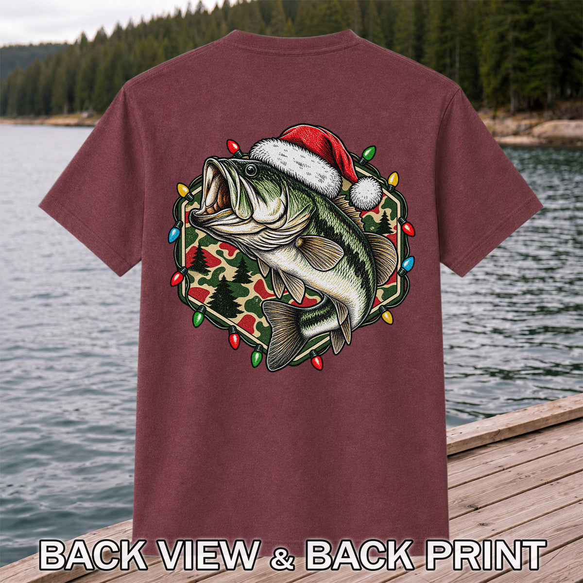 Santa Hat Largemouth Bass Christmas Fishing Graphic T-Shirt | Back Print