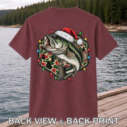 Santa Hat Largemouth Bass Christmas Fishing Graphic T-Shirt | Back Print
