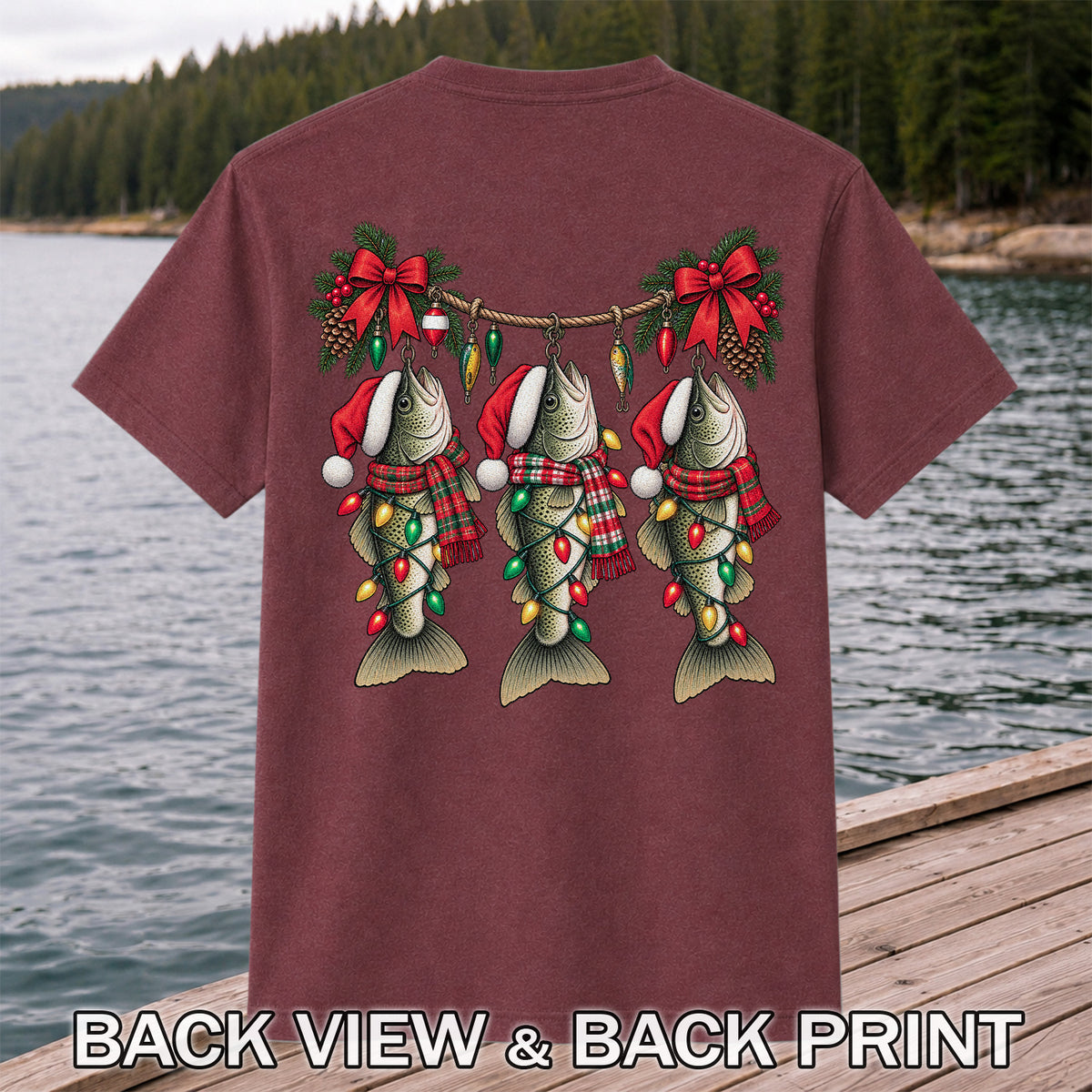Christmas Fish Ornament Fishing Graphic T-Shirt | Back Print
