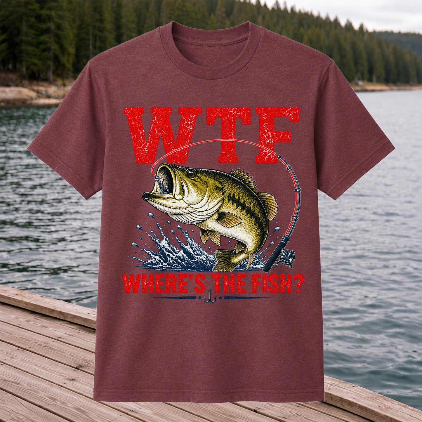 WTF Where's the Fish Largemouth Bass Funny Fishing T-Shirt