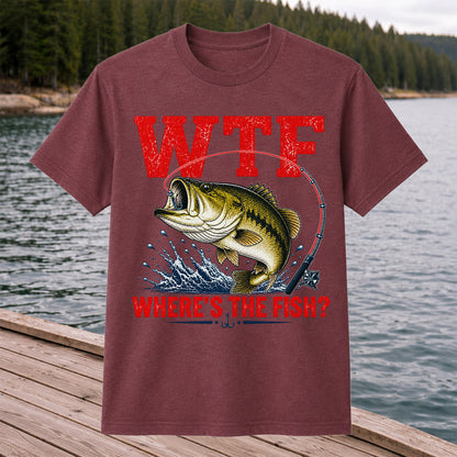 WTF Where's the Fish Largemouth Bass Funny Fishing T-Shirt