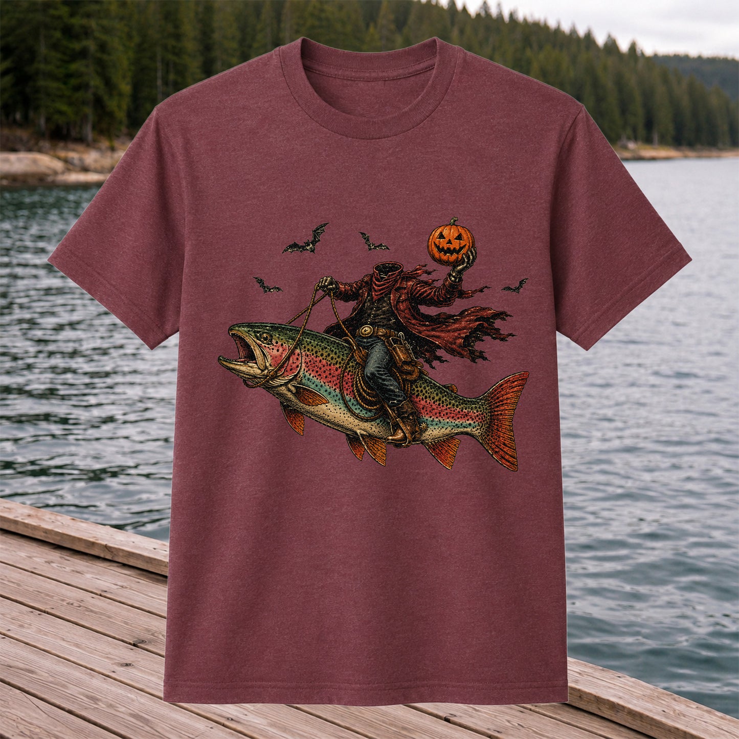 Halloween Cowboy Trout Fishing T-Shirt Pumpkin Fishing Tee
