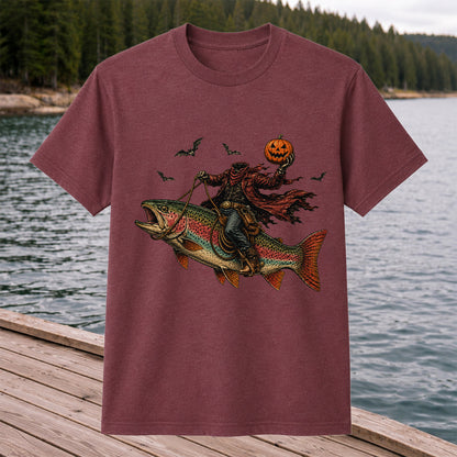 Halloween Cowboy Trout Fishing T-Shirt Pumpkin Fishing Tee