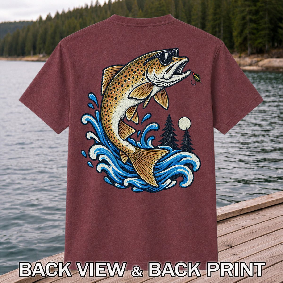 Brown Trout Sunglasses Fishing Graphic T-Shirt with Lure | Back Print