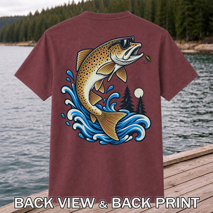 Brown Trout Sunglasses Fishing Graphic T-Shirt with Lure | Back Print