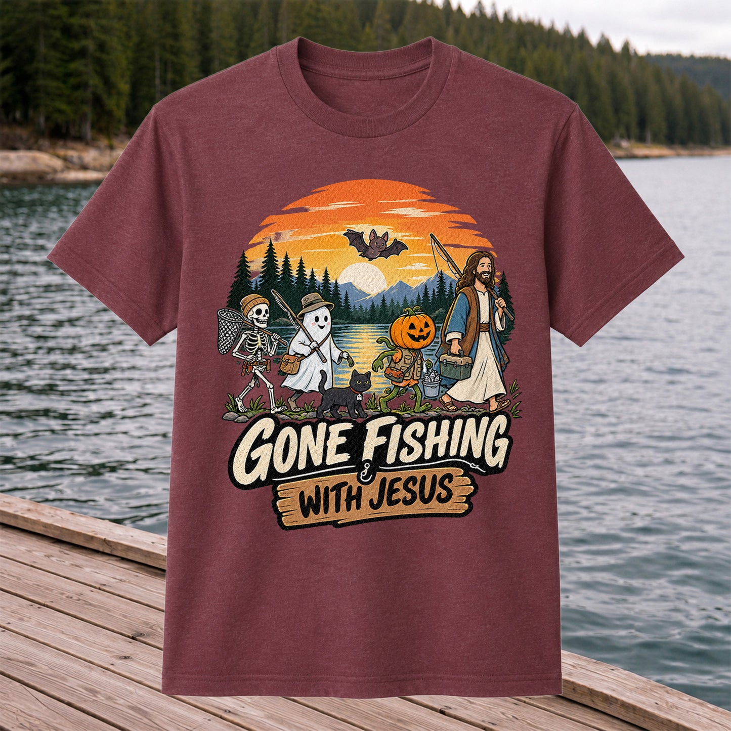 Gone Fishing with Jesus Skeleton Ghost and Pumpkin Halloween Fishing T-Shirt
