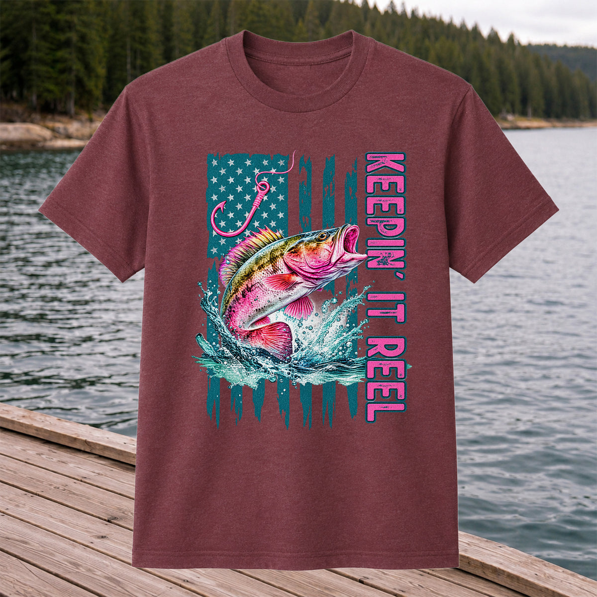 Keepin' It Reel Bass Fishing American Flag Graphic T-Shirt