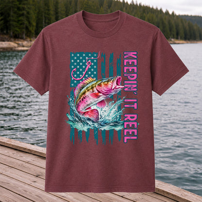 Keepin' It Reel Bass Fishing American Flag Graphic T-Shirt