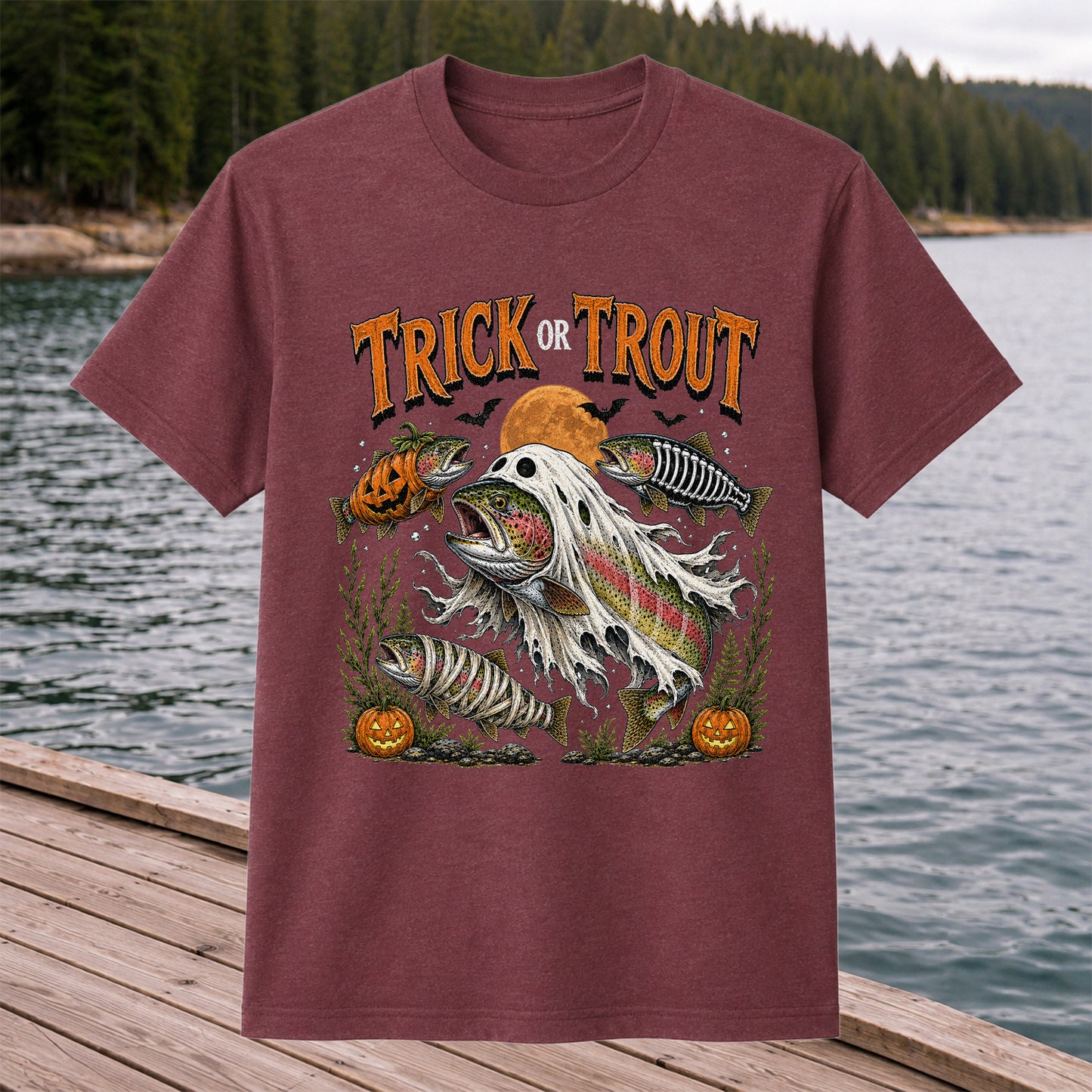 Trick or Trout Halloween T-Shirt Funny Trout Fishing Halloween Tee