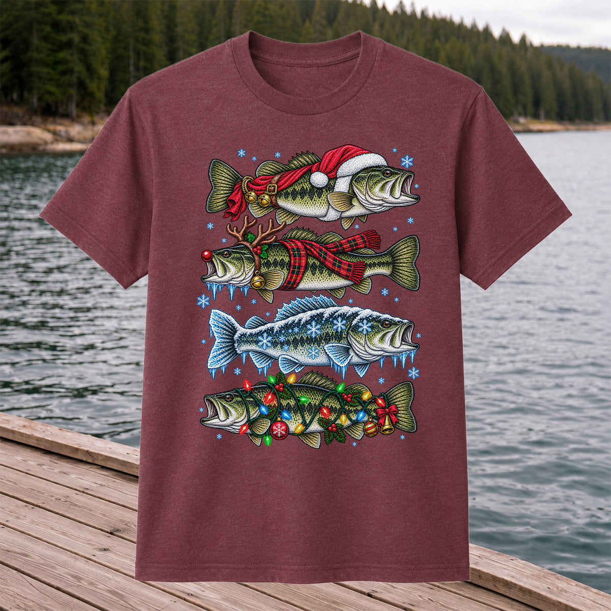 Christmas Bass with Santa Hat and Holiday Lights Fishing T-Shirt
