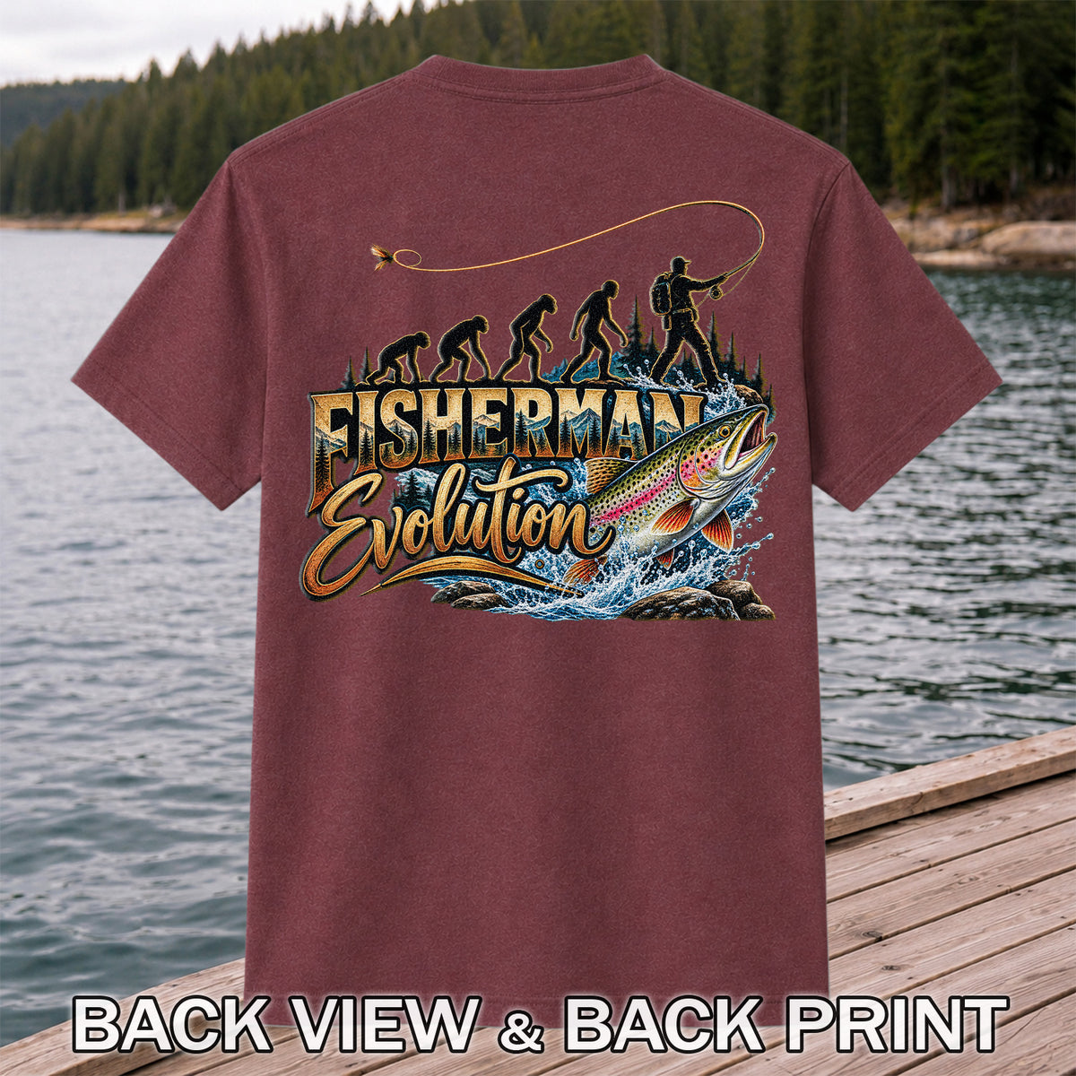 Fisherman Evolution Rainbow Trout Fly Fishing Graphic T-Shirt | Back Print