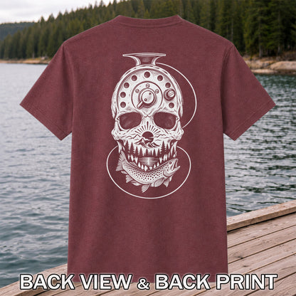 Trout and Fly Fishing Reel Skull Mountain Graphic T-Shirt | Back Print