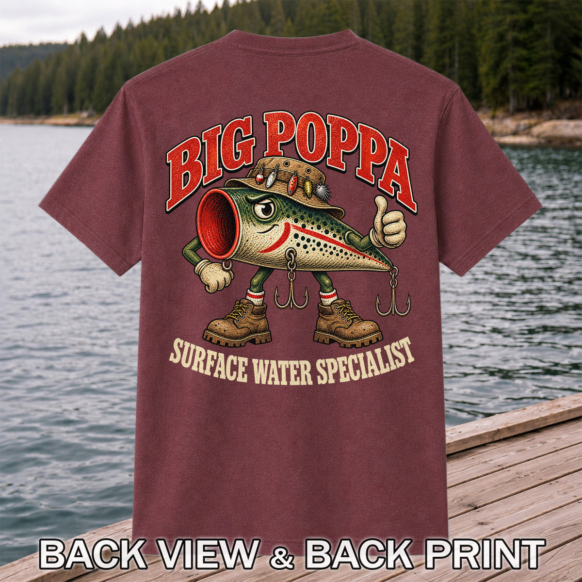 Big Poppa Surface Water Specialist Fishing Lure Graphic T-Shirt | Back Print