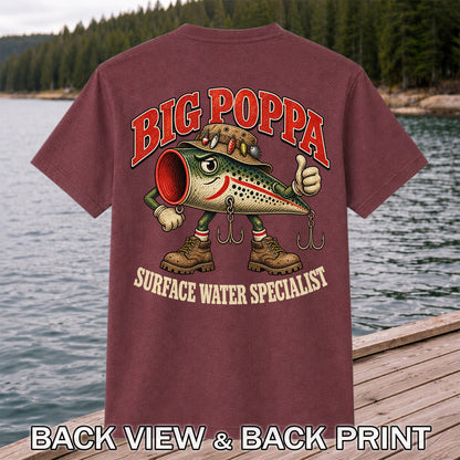 Big Poppa Surface Water Specialist Fishing Lure Graphic T-Shirt | Back Print