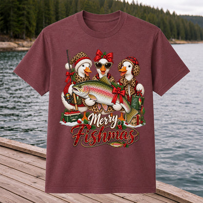 Merry Fishmas Christmas Ducks with Rainbow Trout Fishing T-Shirt