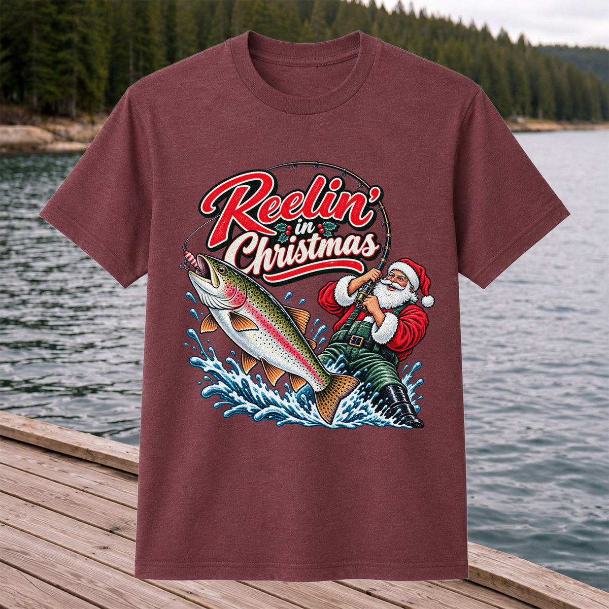 Reelin' in Christmas Santa Rainbow Trout Fishing T-Shirt