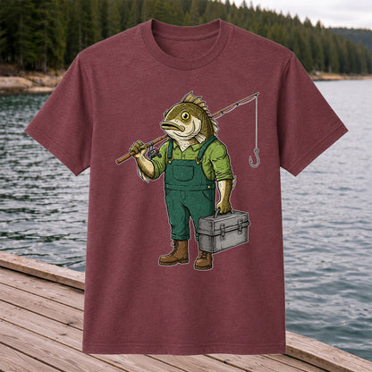 Funny Bass Fisherman Carrying Tackle Box Graphic T-Shirt