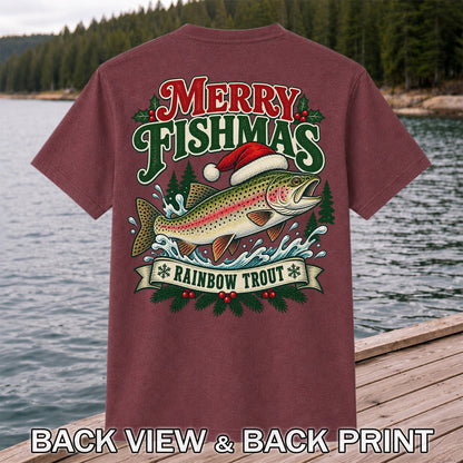 Merry Fishmas Rainbow Trout in Santa Hat Christmas Fishing T-Shirt | Back Print