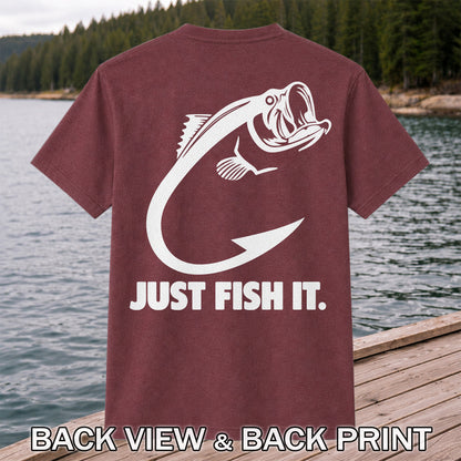 Just Fish It Bass and Fishing Hook Graphic T-Shirt | Back Print