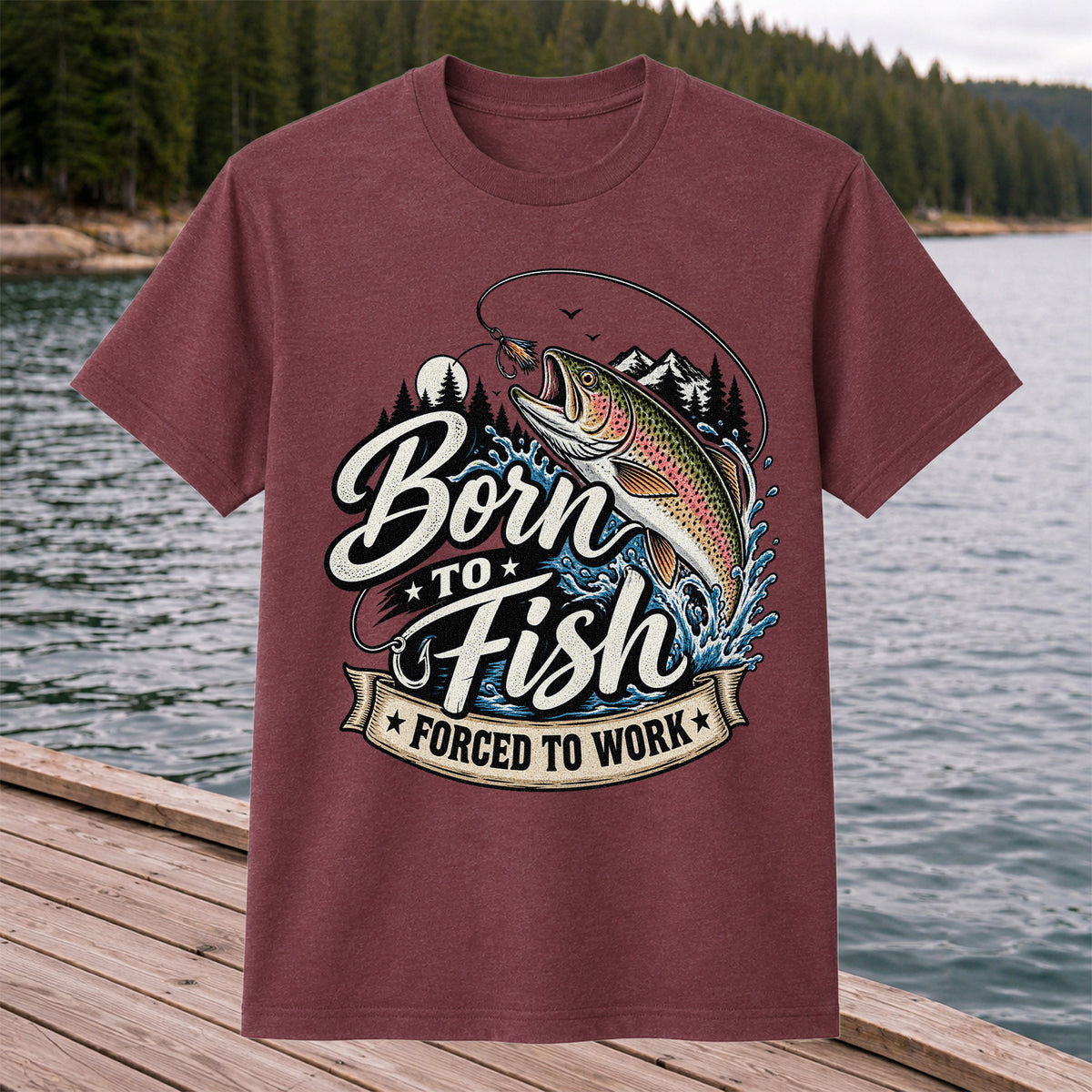 Born to Fish Forced to Work Jumping Rainbow Trout Fishing T-Shirt